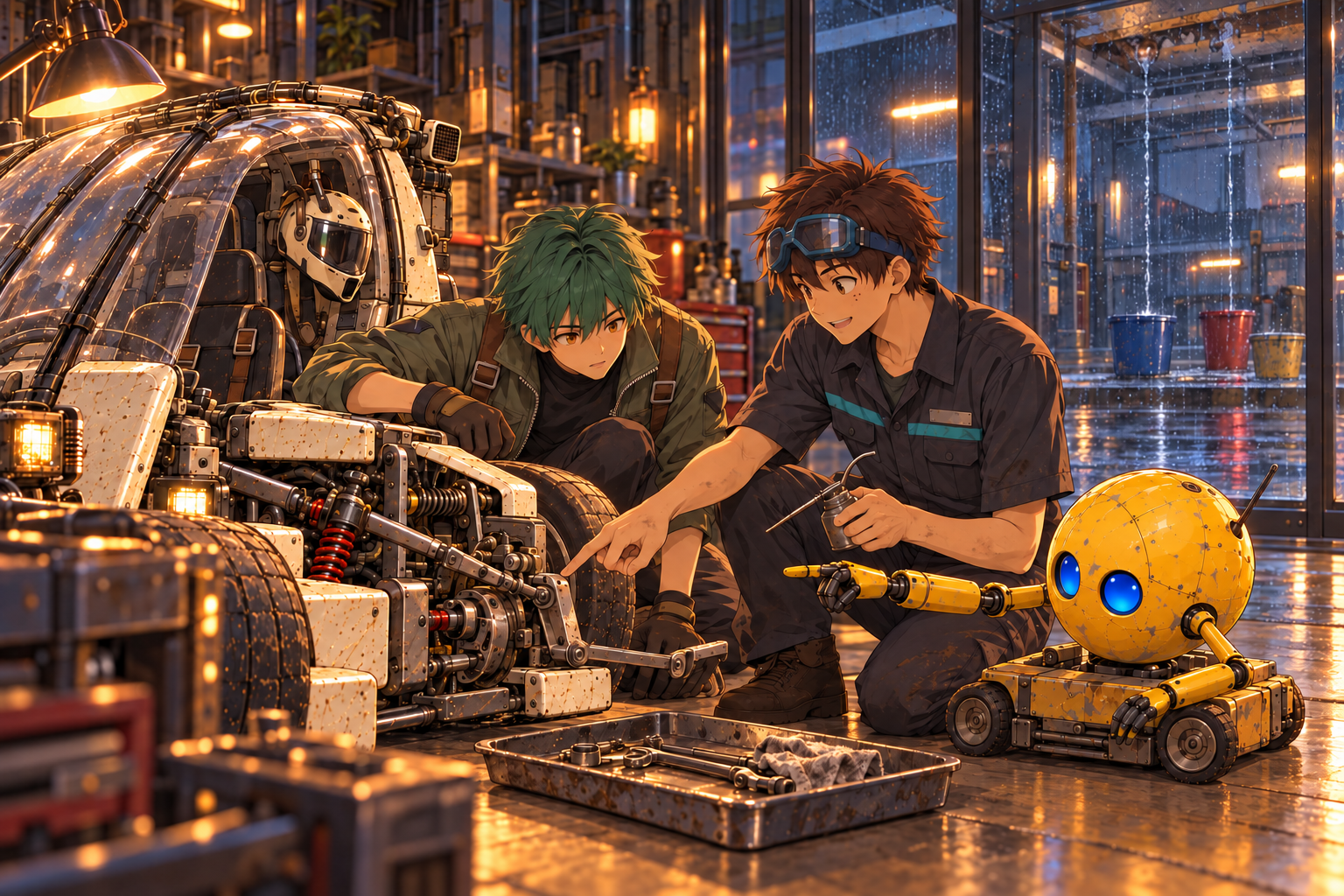 雨の窓辺の工房で、カイとレン、小さなボットのココが祖父のカートを整備している。